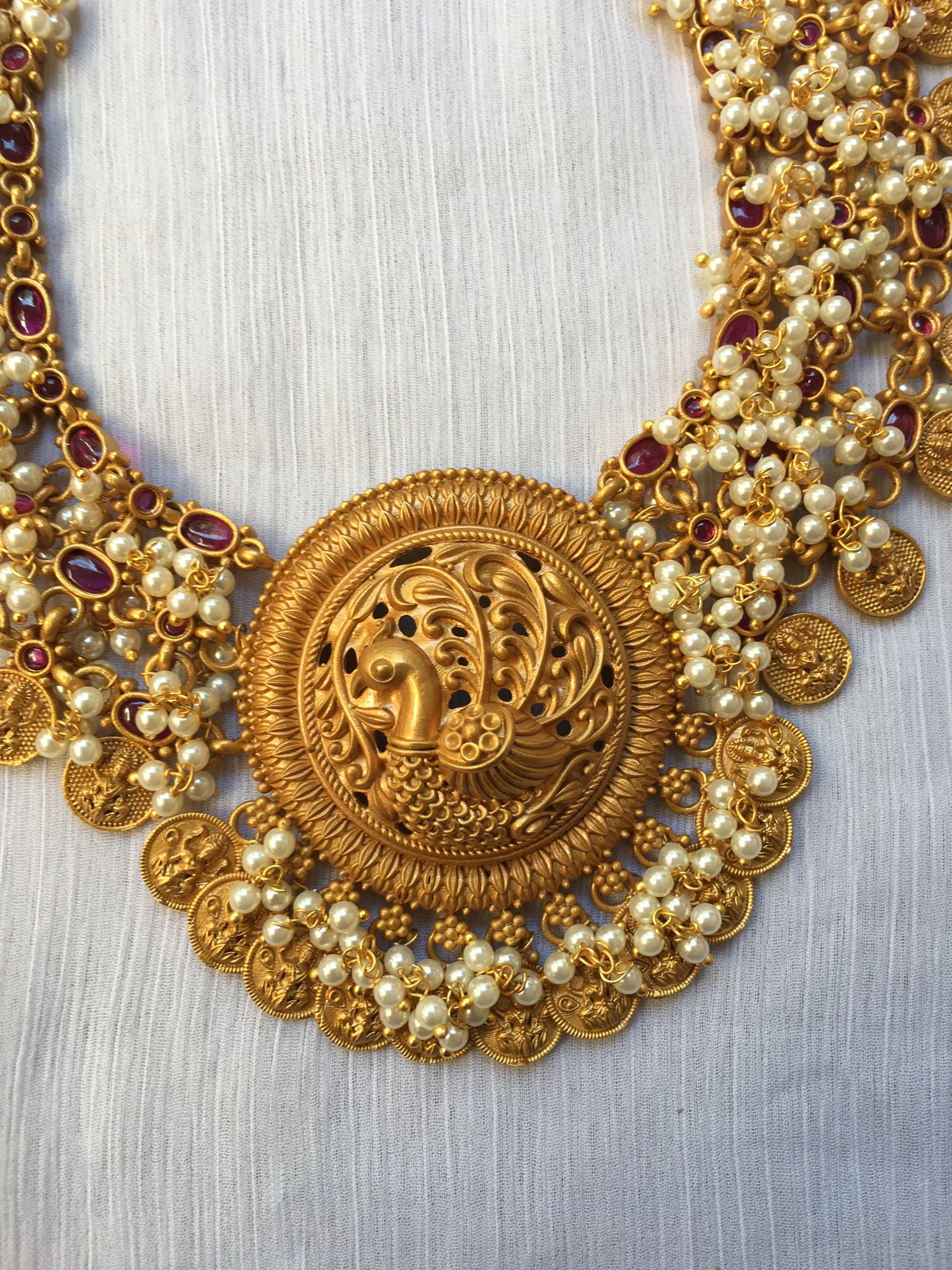 Pearl setting peacock kasu necklace NC171